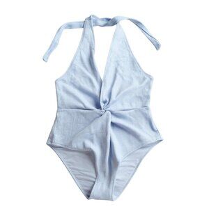 GANNI Ribbed Twist Front Halter One-Piece Swimsuit Light Blue Size 36